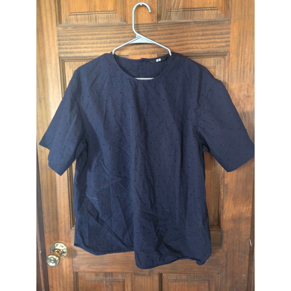 Uniqlo Navy Blue Swiss Dot Short Sleeve Button Back Blouse Top 100% Cotton